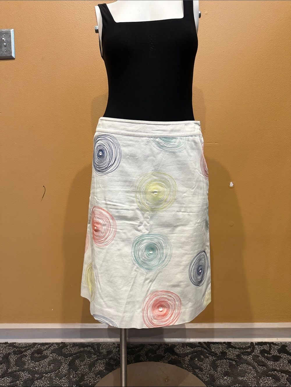 Boden Cotton Twill Cream Skirt With Colorful Circle Embroidery Size 8R